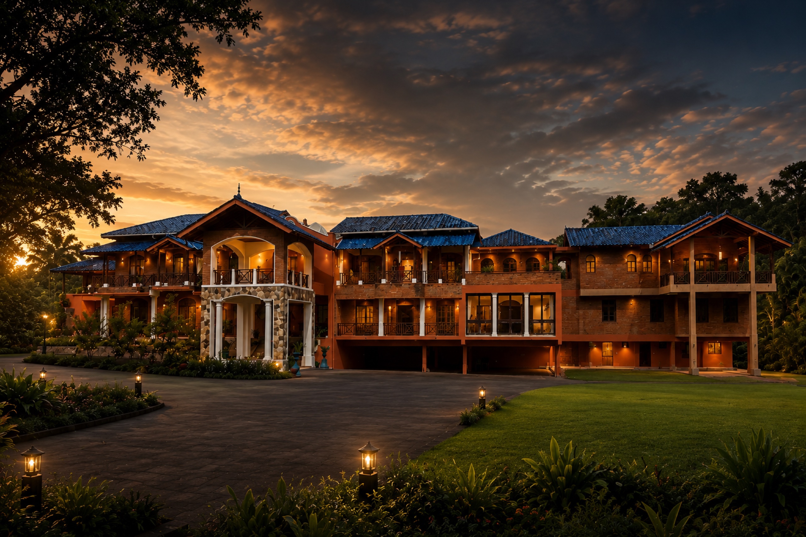 Oasis Estate main residence viewed from the front lawn with mature tropical grounds